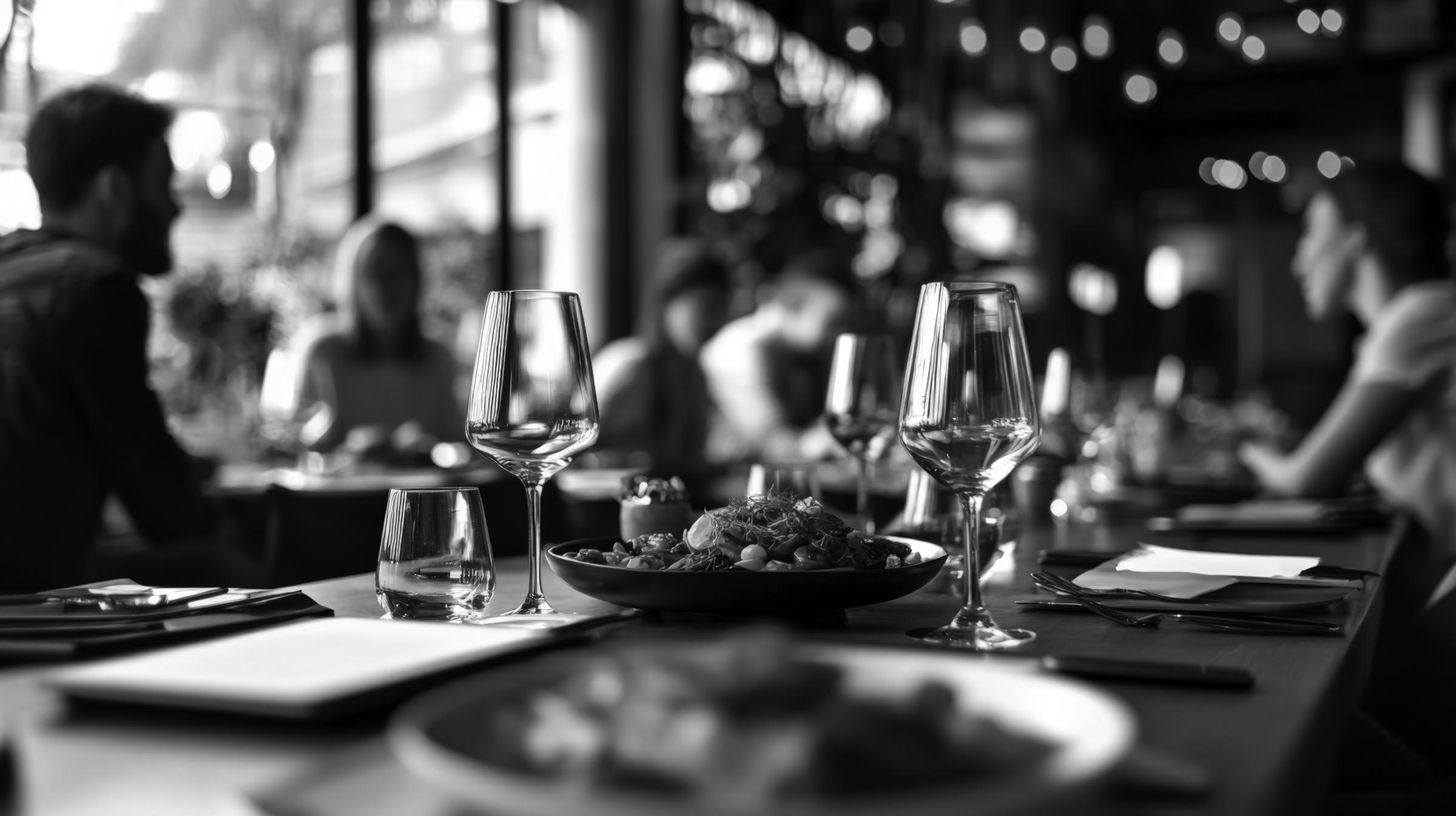 busy restaurant scene with wine glasses on table and people chatting in the background